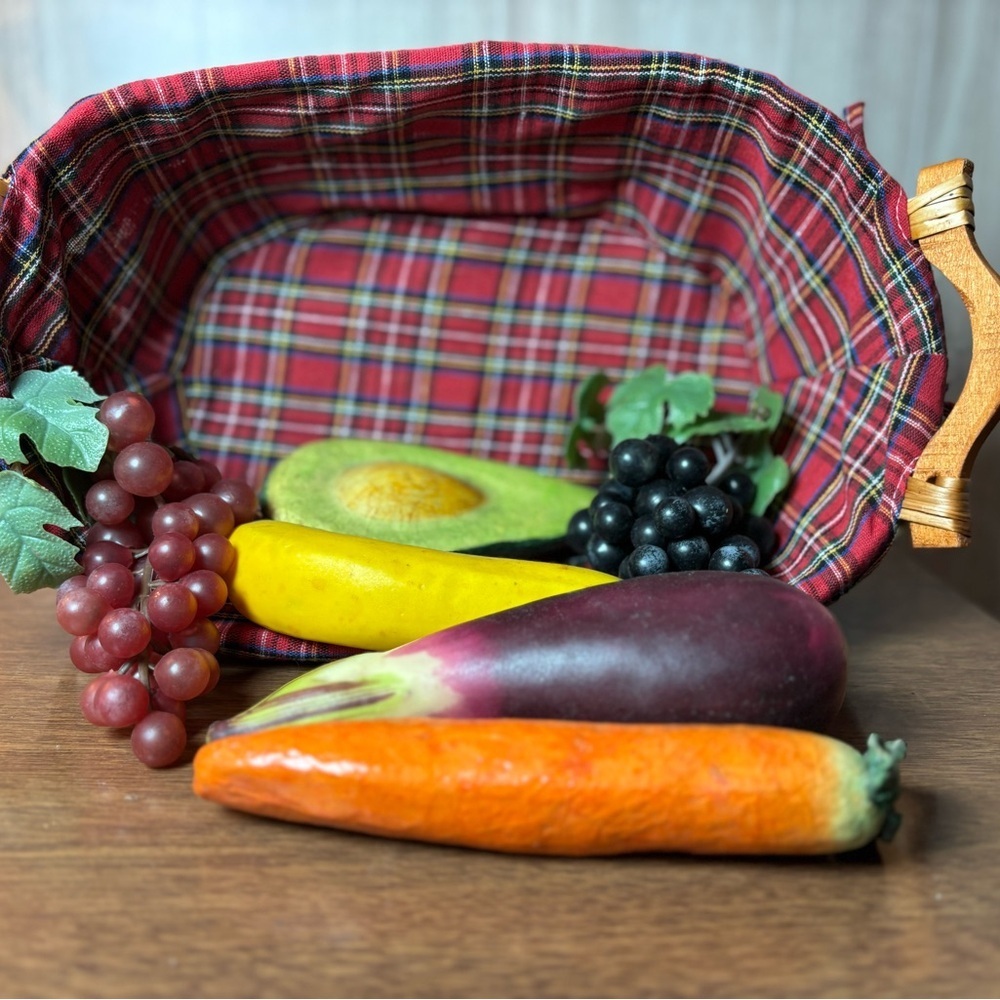 Decorative Folk Art Faux Fruit Vegetable Basket Plaid Liner Glazed Paper Mache
